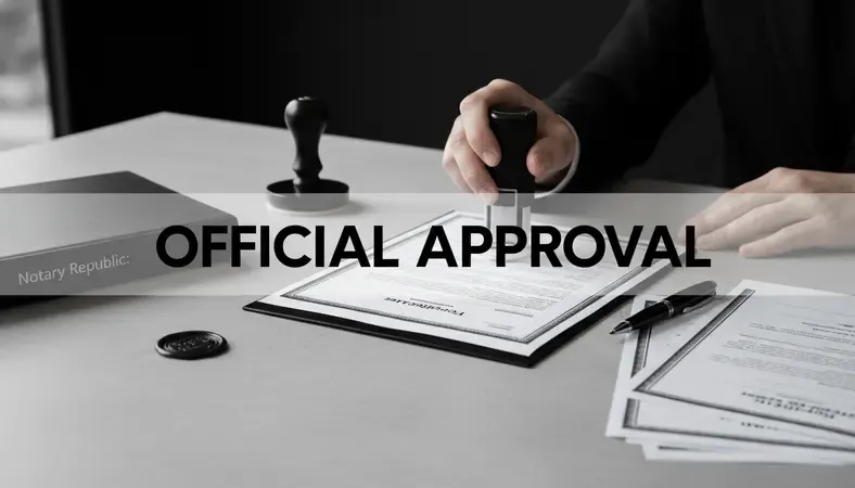 A notary public stamping an official document at a professional desk with a seal and pen