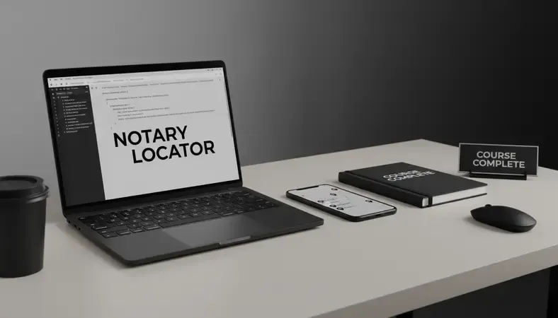Map showing notary public locations including banks, UPS stores, and online notary platforms across the United States