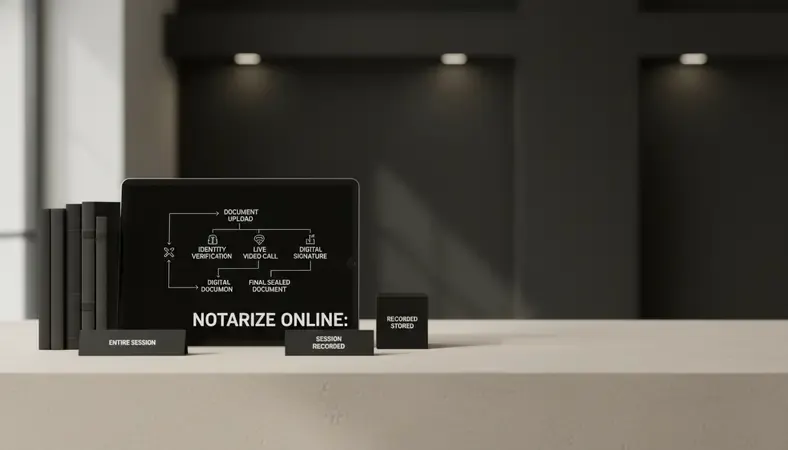 Step-by-step diagram showing the online notarization workflow from document upload to final sealed document