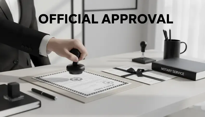 A notary public stamping an official document at a professional desk with a notary seal visible