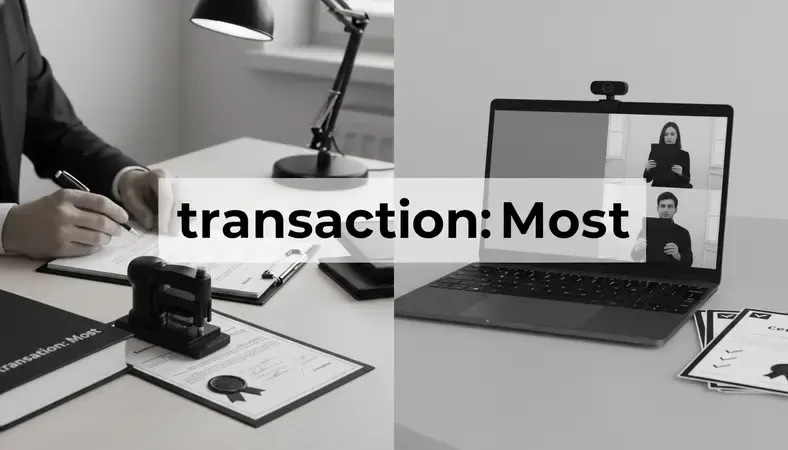 Split image showing in-person notary signing on the left and remote online notary video session on the right