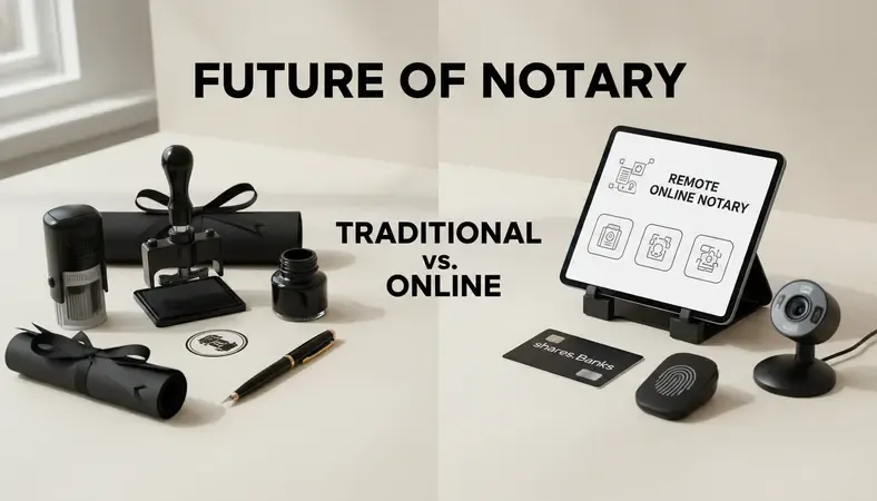 Infographic showing the step-by-step process of a remote online notary session versus traditional in-person notarization
