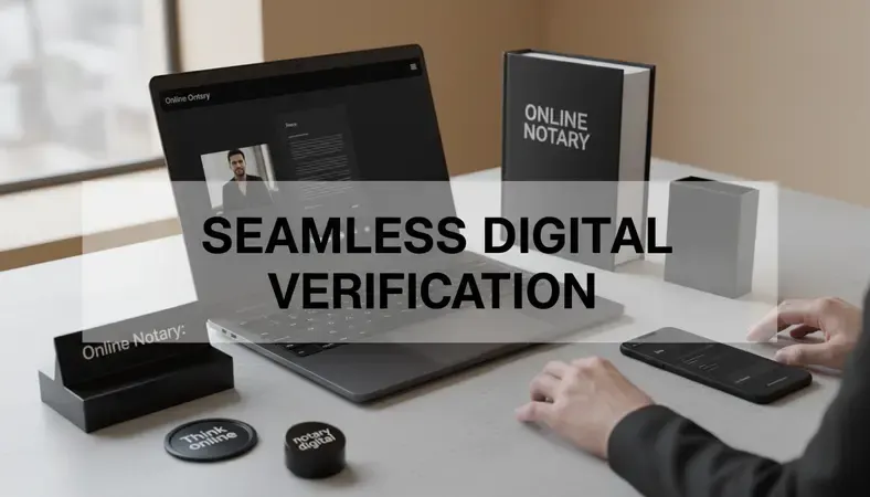 Person completing an online notary session on a laptop with video call interface visible