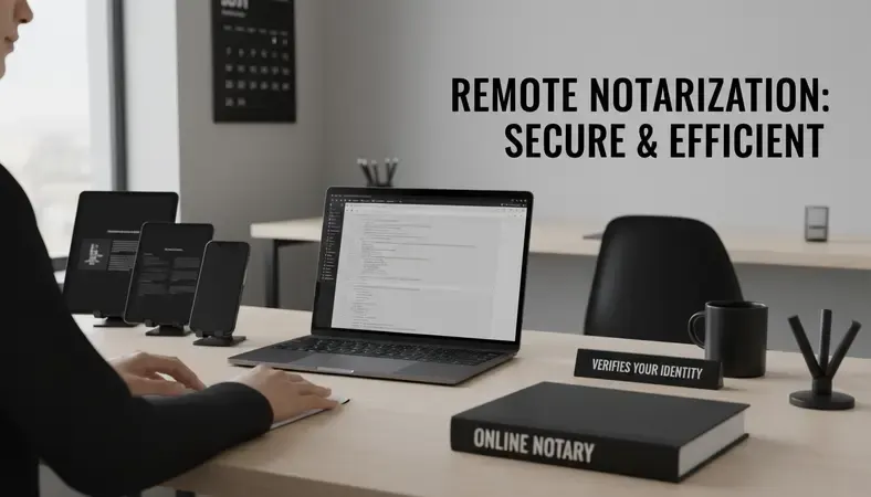 A person completing a document notarization on a laptop via video call with a remote notary