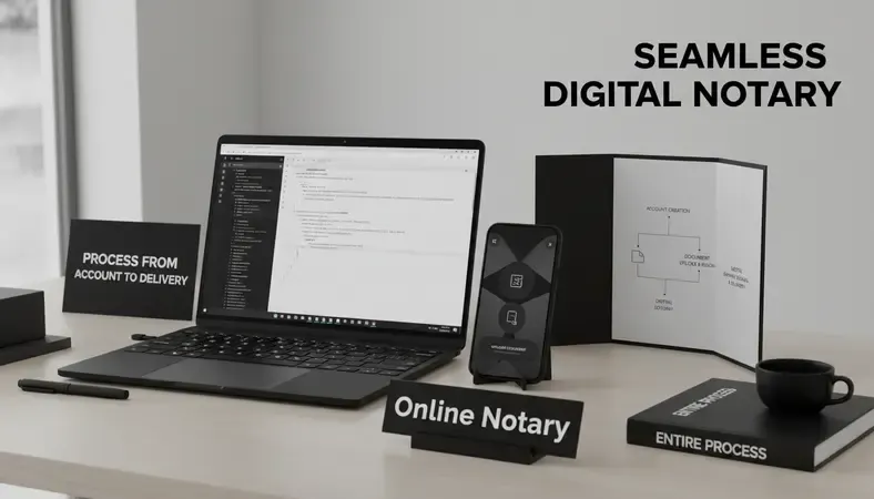 A step-by-step flowchart showing the online notarization process from document upload to final delivery