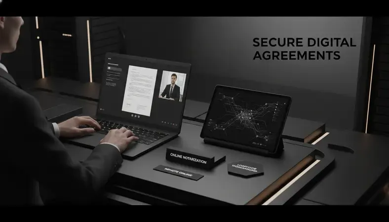 Person completing online notarization on laptop with digital document and video call interface
