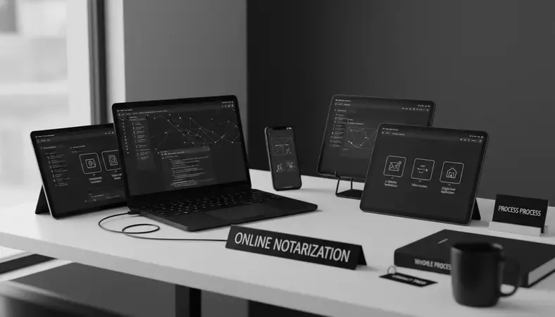 Step-by-step online notarization workflow showing identity verification, video session, and digital seal application
