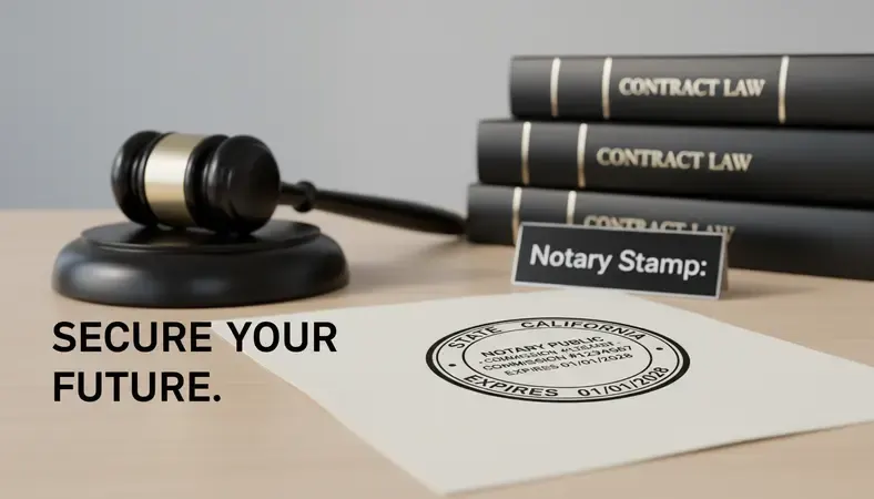 Close-up of an official notary stamp impression on a legal document showing state name, commission number, and expiration date