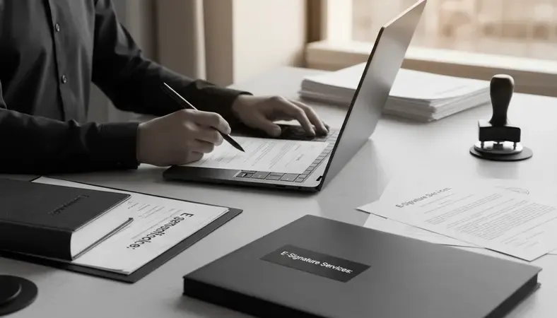 Person signing a document electronically on a laptop with a stylus, representing modern e-signature services