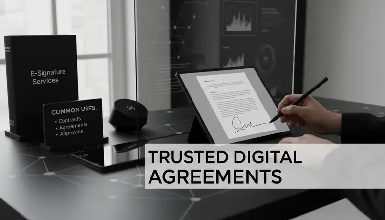 Person signing a digital document on a tablet using an e-signature service