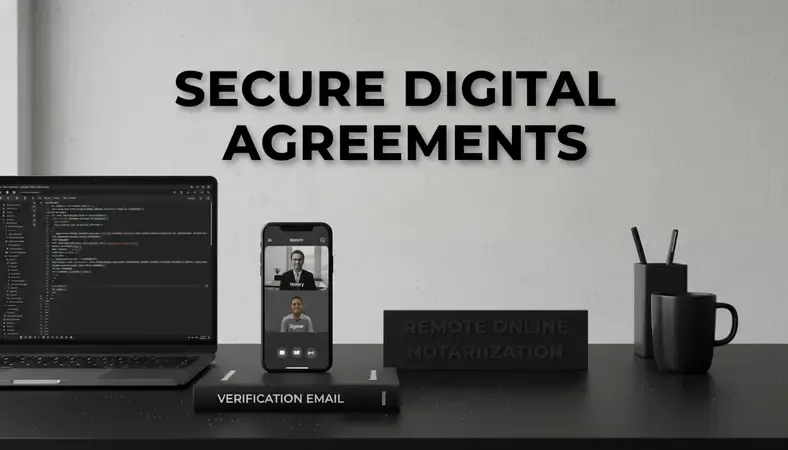 Remote online notarization session showing video call interface with notary and document signer