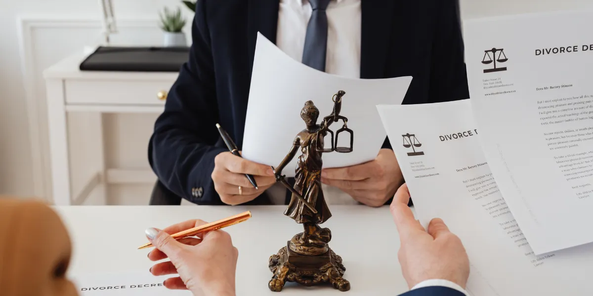 Divorce document signing with identity verification and a notary.