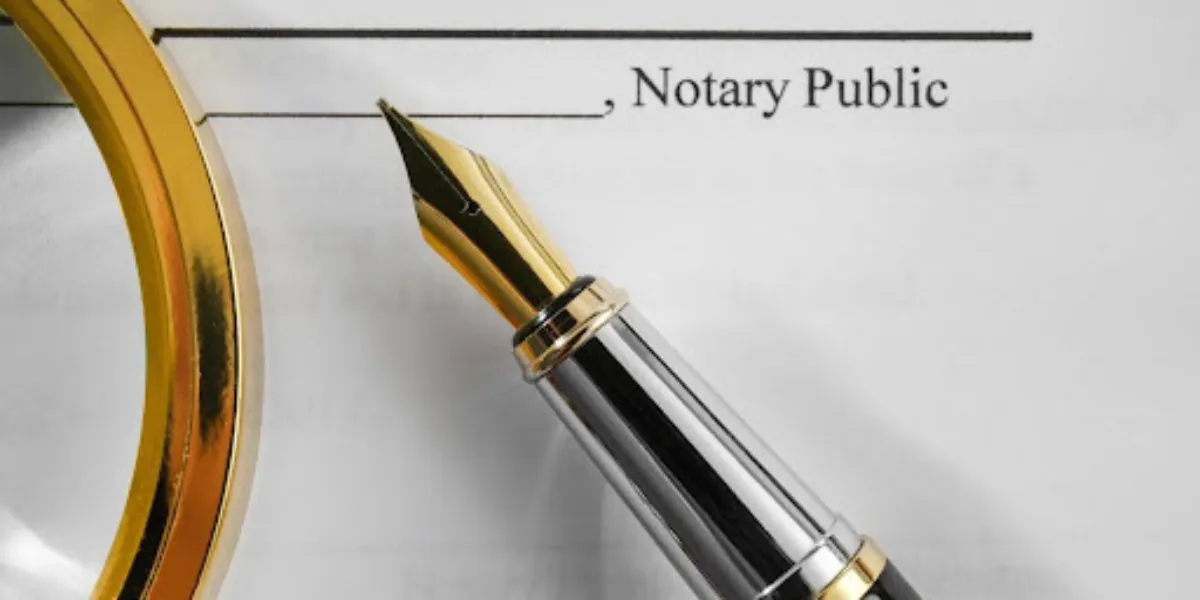 Notary public witnessing a signature and verifying the signer's identity.