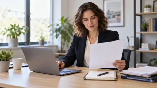 Business professional reviewing a document beside a laptop before online notarization