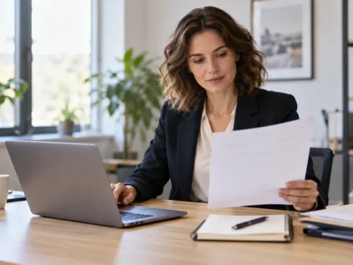 Business professional reviewing a document beside a laptop before online notarization