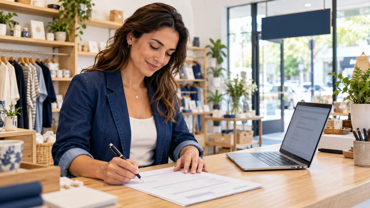 Small business owner reviewing a DBA filing in her shop