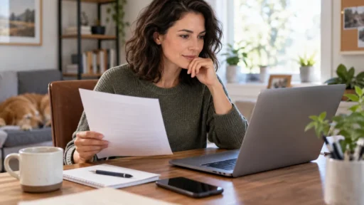 Woman reviewing a document while searching for a fast notary service online