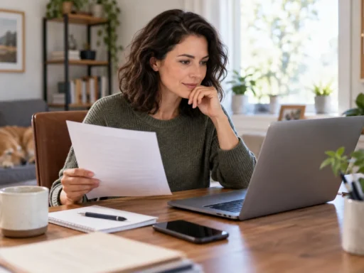 Woman reviewing a document while searching for a fast notary service online