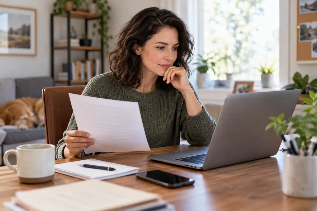 Woman reviewing a document while searching for a fast notary service online
