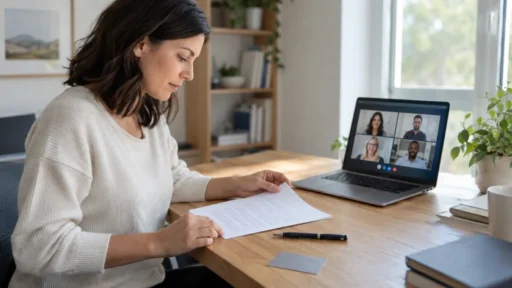 Woman reviewing a document during an online notary video session