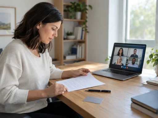 Woman reviewing a document during an online notary video session