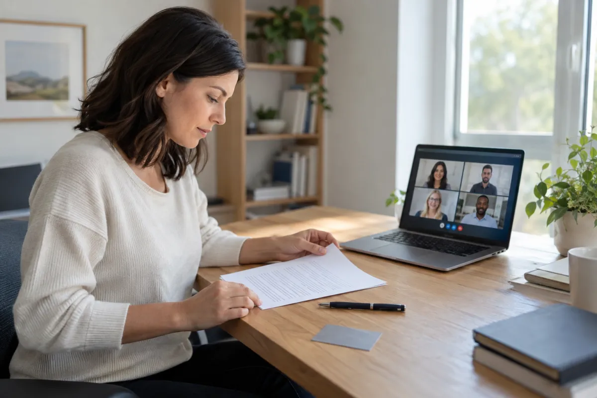 Woman reviewing a document during an online notary video session