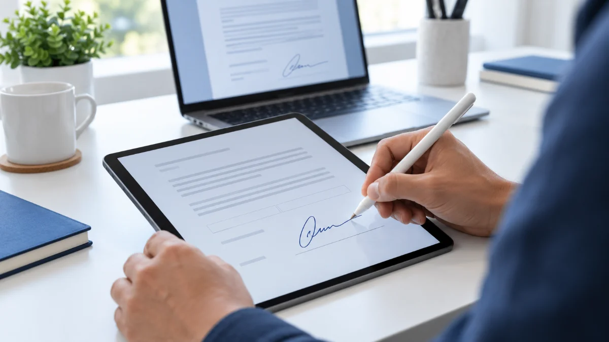 Person signing a PDF on a tablet with a stylus