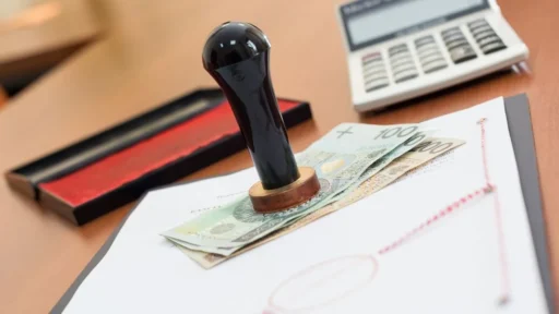 Maryland online notary: rubber stamp on a signed document beside cash and a calculator