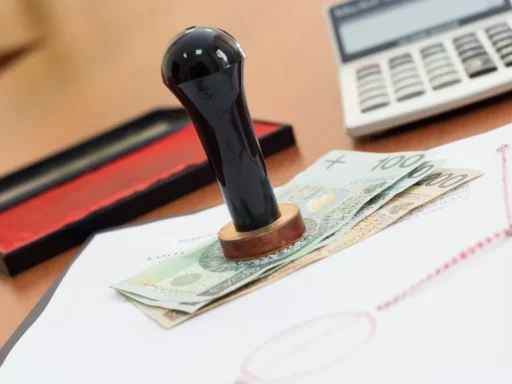 Maryland online notary: rubber stamp on a signed document beside cash and a calculator