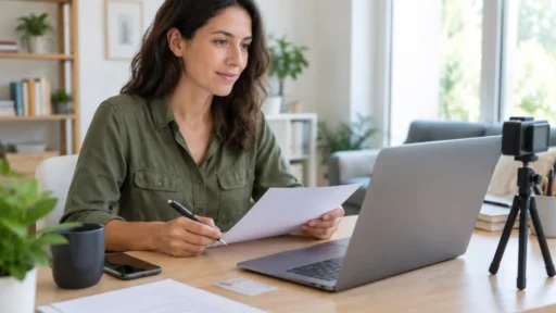 Woman preparing a document for online notarization using a laptop