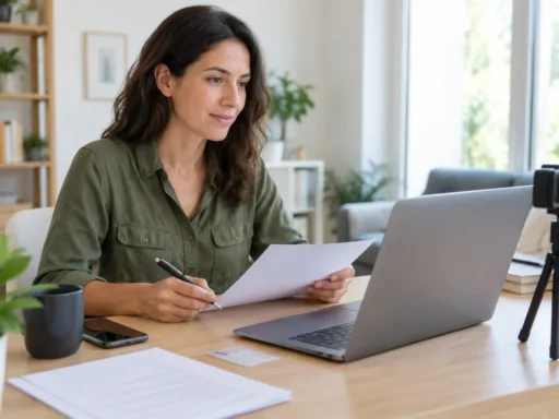 Woman preparing a document for online notarization using a laptop