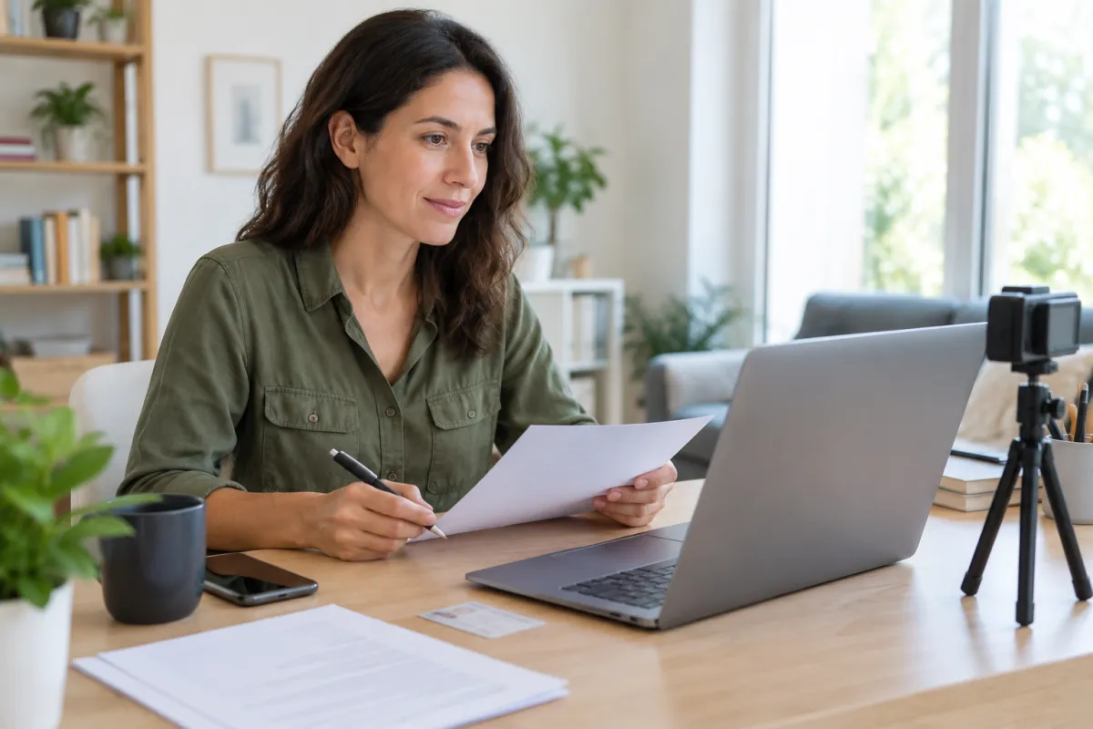 Woman preparing a document for online notarization using a laptop