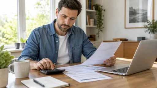 Man calculating online notarization costs while reviewing documents