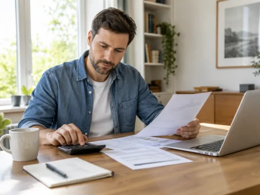 Man calculating online notarization costs while reviewing documents