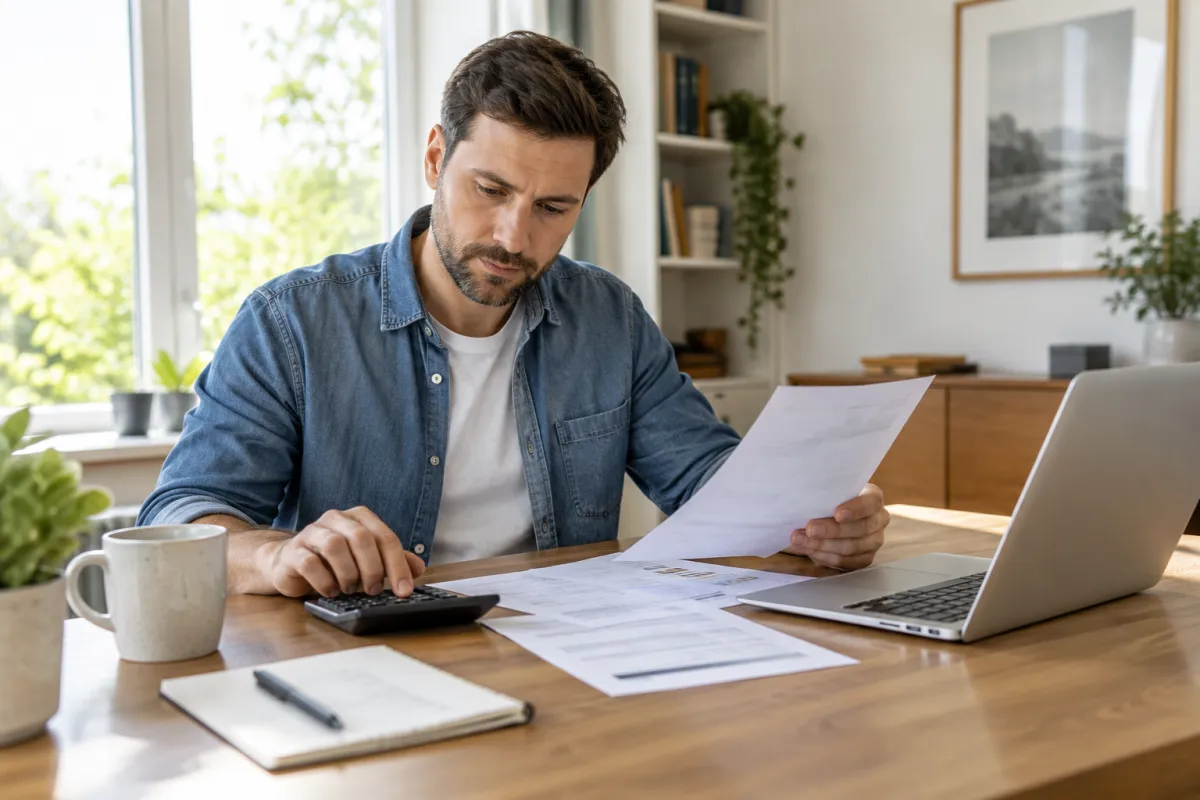 Man calculating online notarization costs while reviewing documents