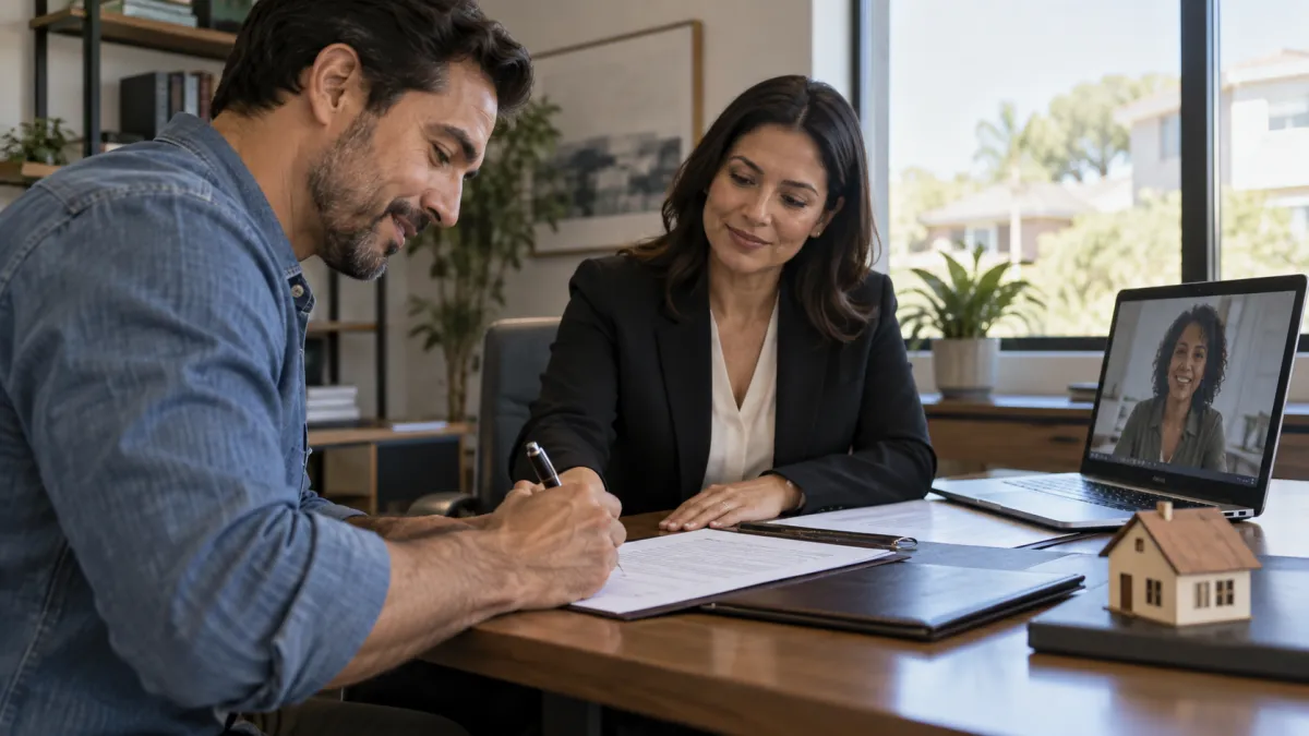 Homebuyer signing real estate closing documents during an online notary session