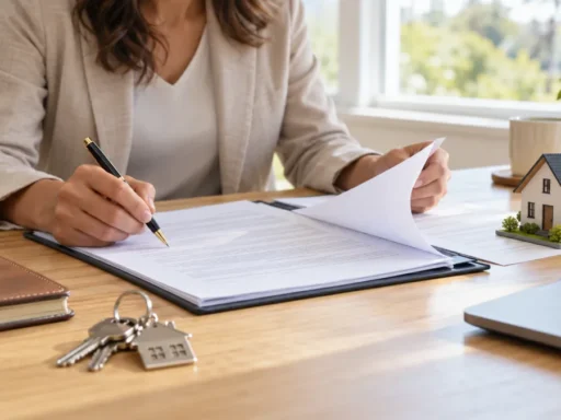 Woman reviewing real estate closing documents beside a model house and laptop