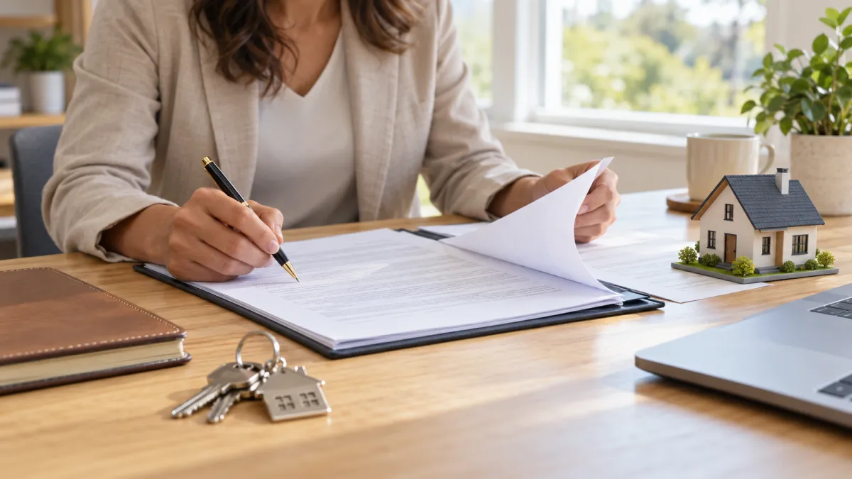 Woman reviewing real estate closing documents beside a model house and laptop