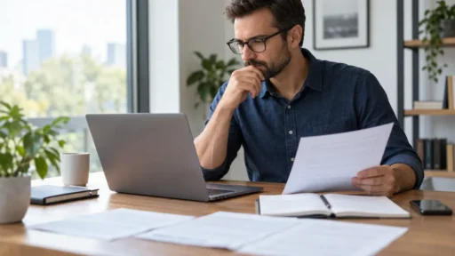 Man comparing online notary services while reviewing a document