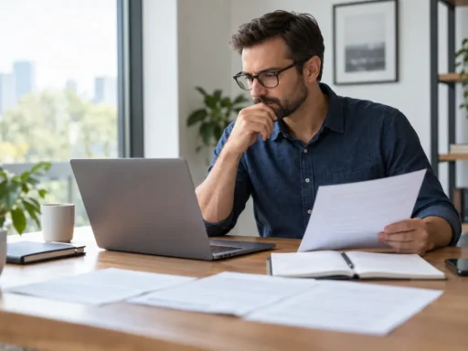 Man comparing online notary services while reviewing a document