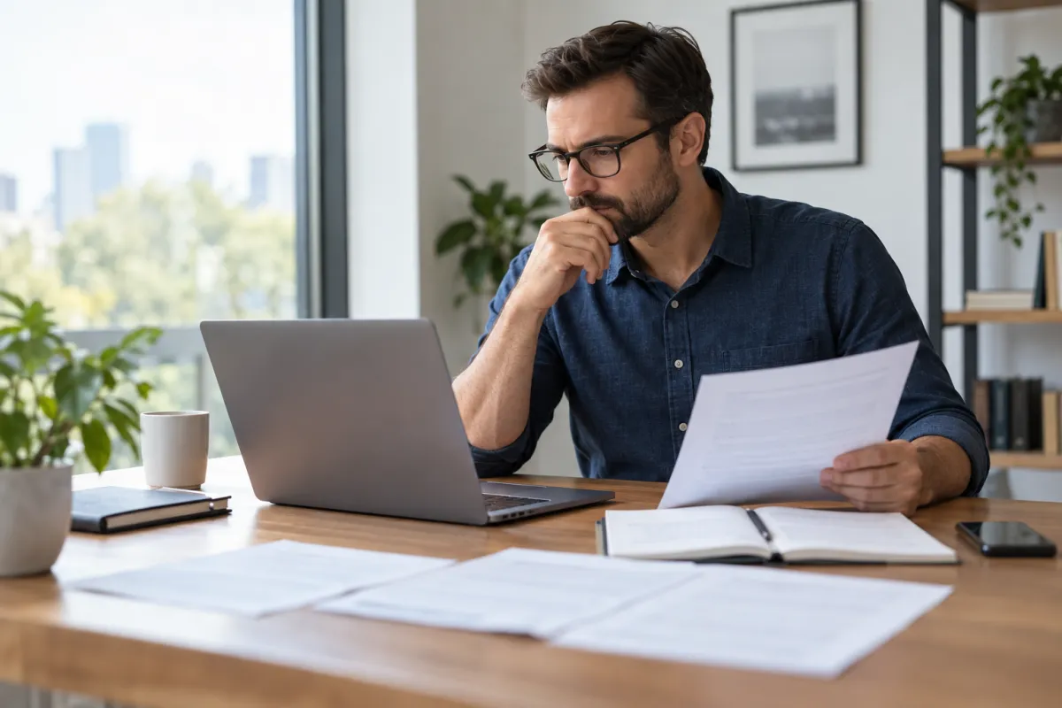 Man comparing online notary services while reviewing a document