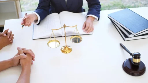 Online notary session with attorney, scales of justice, and a gavel on a desk