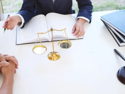 Online notary session with attorney, scales of justice, and a gavel on a desk