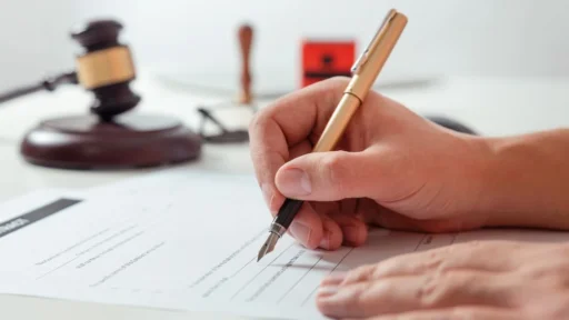Person signing a contract with a fountain pen next to a gavel and notary stamp