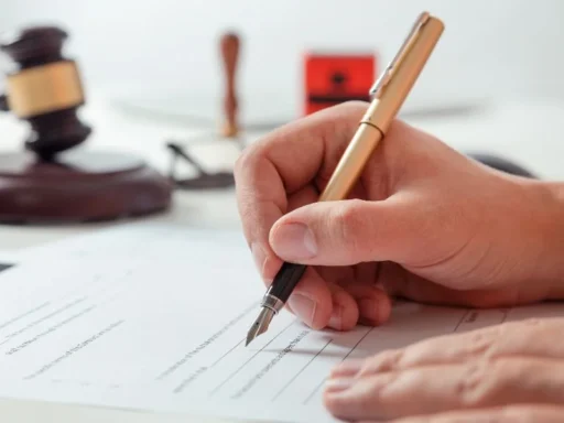 Person signing a contract with a fountain pen next to a gavel and notary stamp